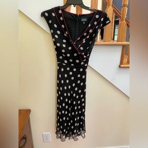 Adrianna Papell Black Polka Dot Silk Dress with red trim waist tie, Sz. 16